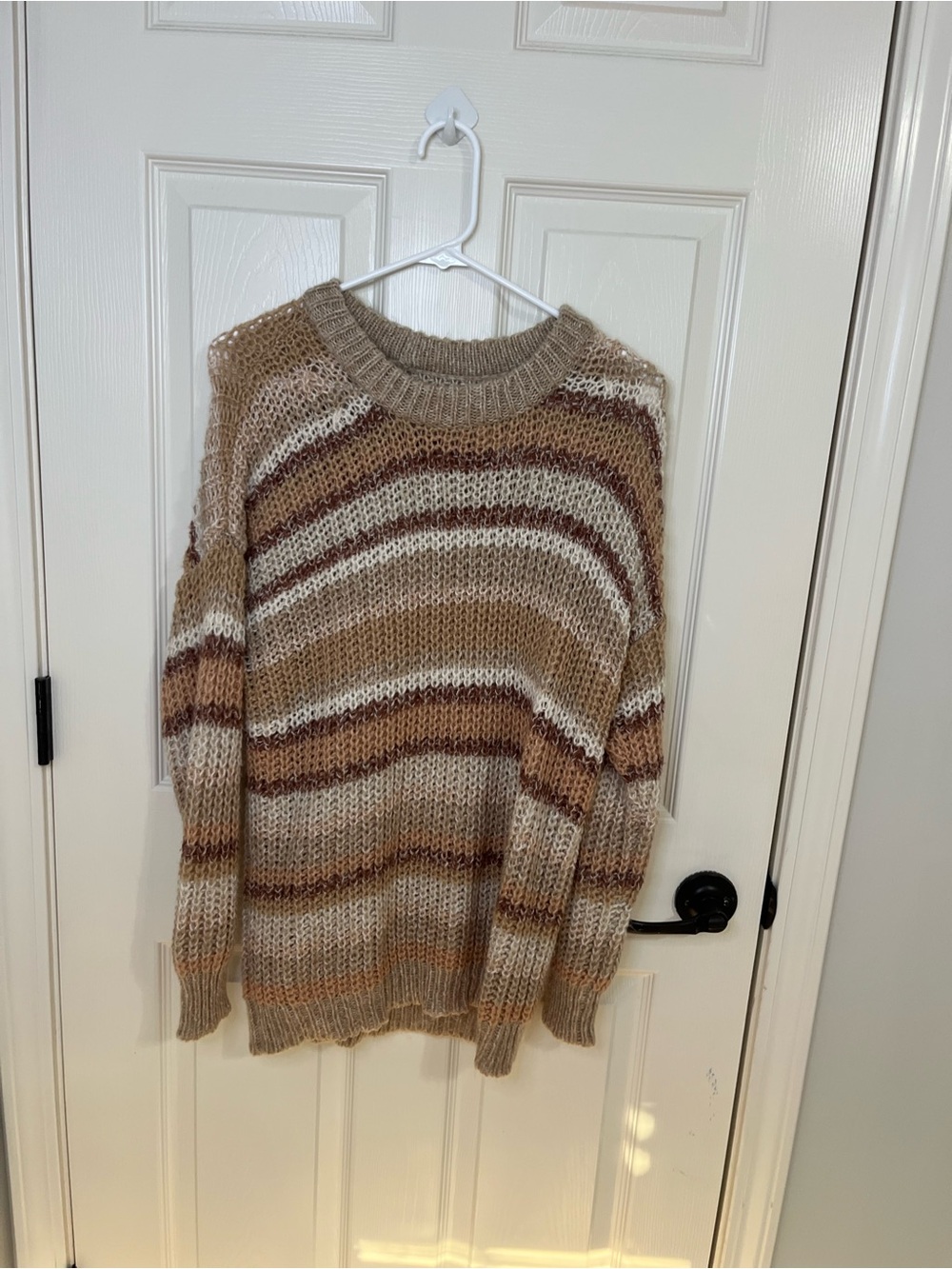 American Eagle Outfitters Striped Open-Knit Crewneck Sweater in Cream & Brown
